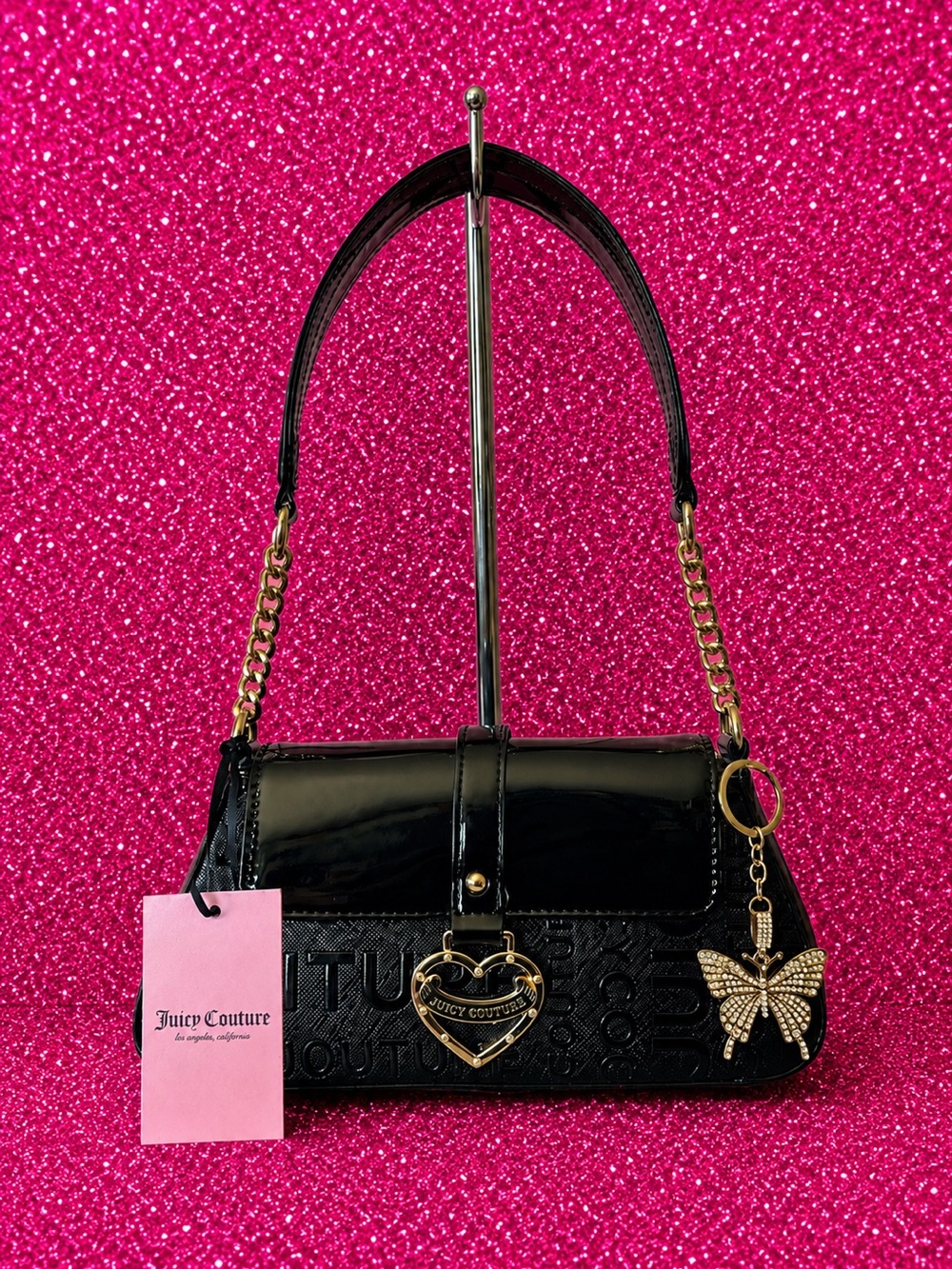 Y2K Juicy Couture🎀Black Purse My Heart Will Go On Charm Shoulder Bag